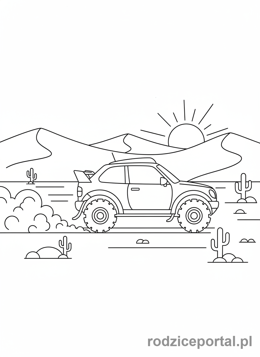 Kolorowanka Samochody Wyścigowe - Rajdówka na tle pustyni.