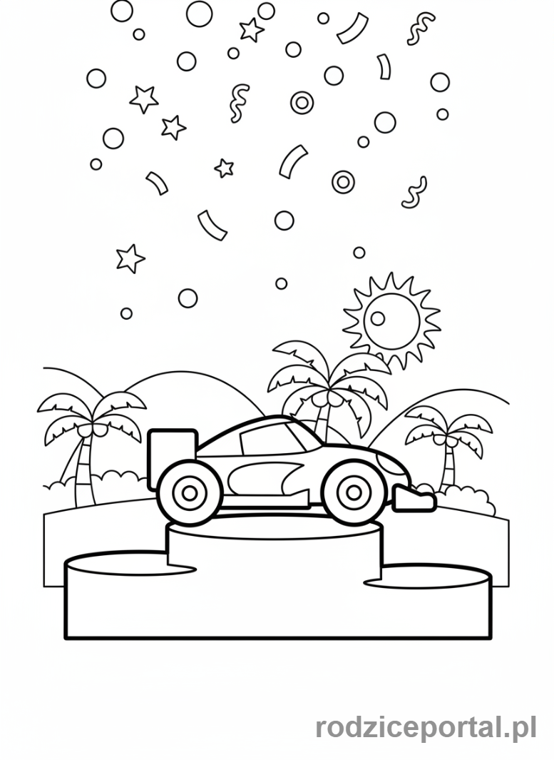 Kolorowanka Samochody Wyścigowe - Samochód Formuły 1 na podium.