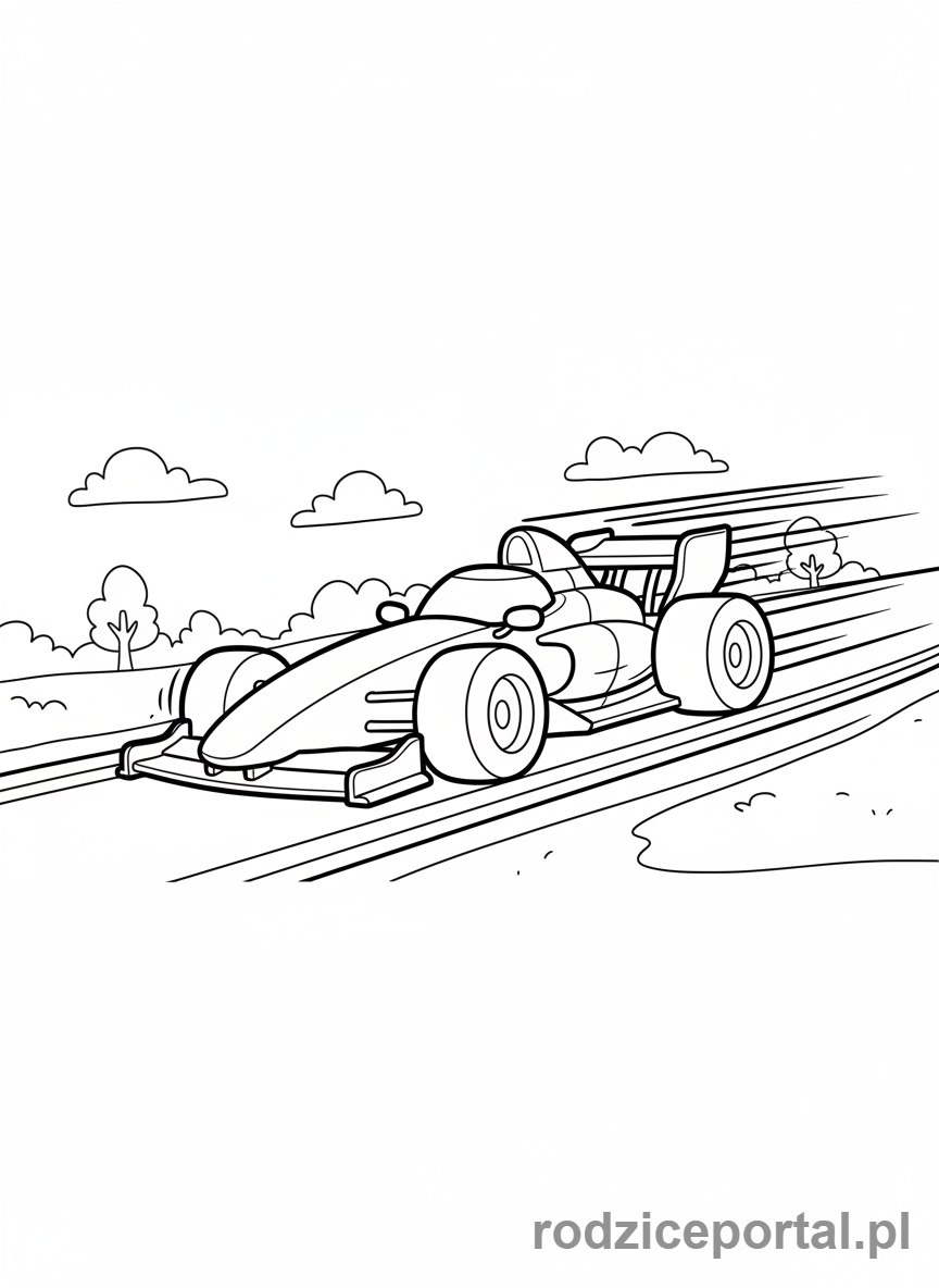 Kolorowanka Samochody Wyścigowe - Samochód Formuły 1 pędzący po torze.
