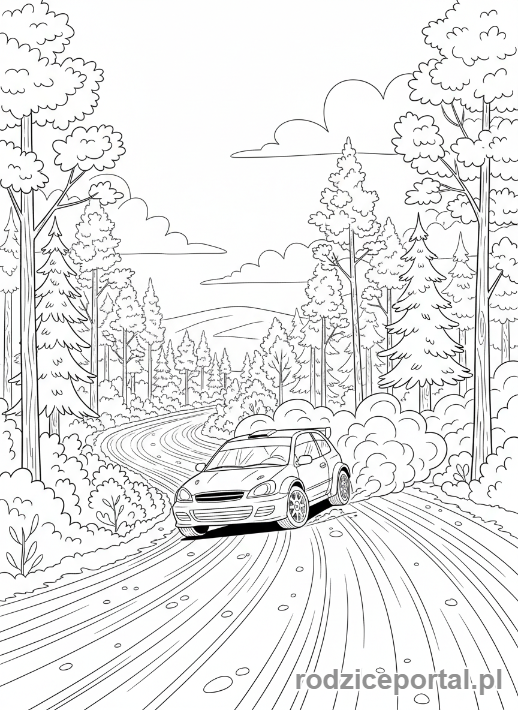 Kolorowanka Samochody Wyścigowe - Samochód rajdowy na szutrowej drodze w lesie