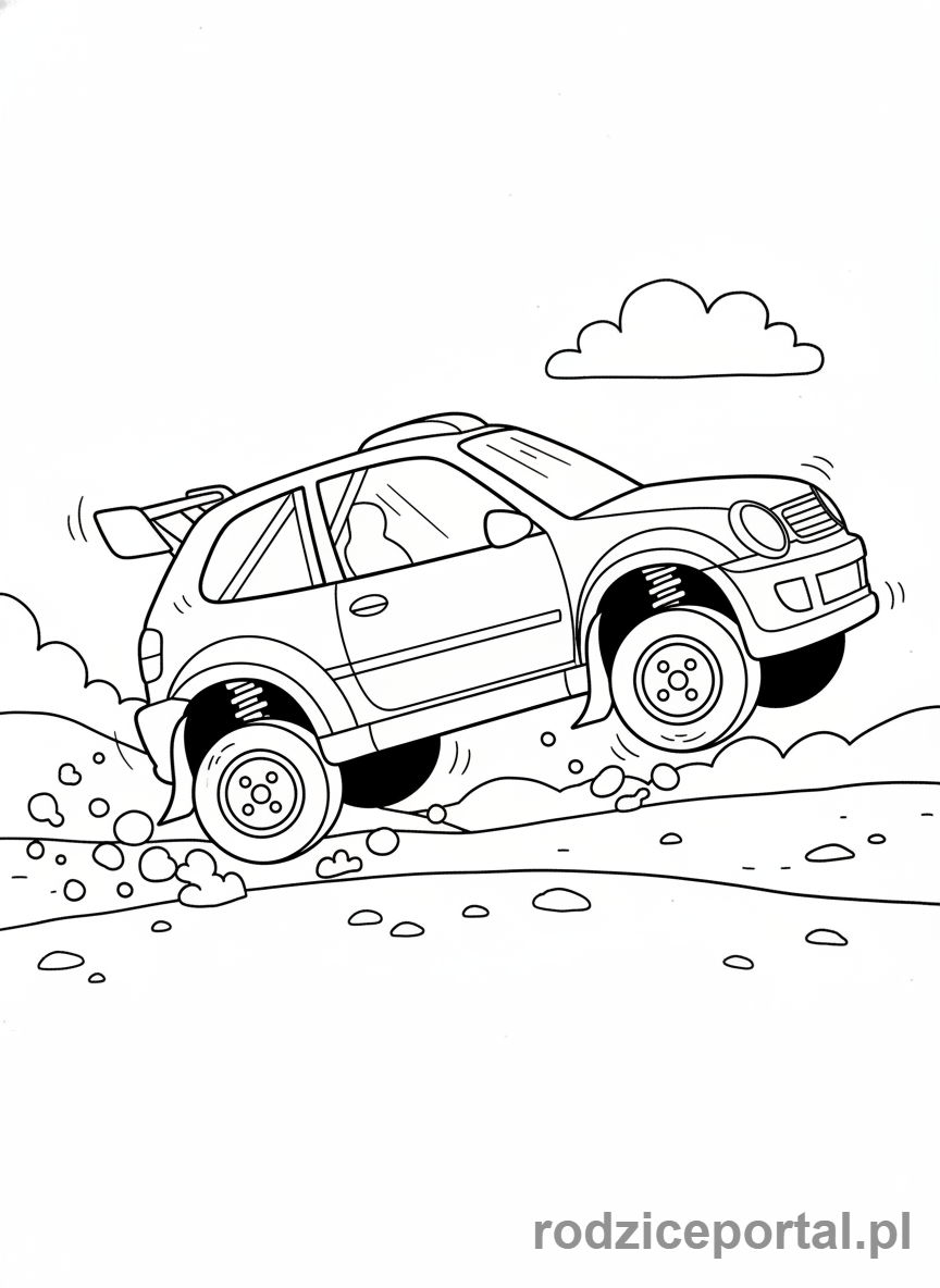 Kolorowanka Samochody Wyścigowe - Samochód rajdowy z lądowaniem po skoku.