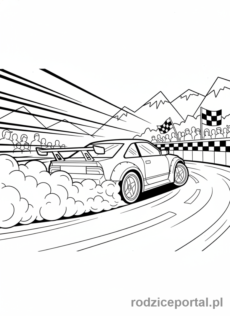 Kolorowanka Samochody Wyścigowe - Samochód wyścigowy driftujący na ciasnym zakręcie