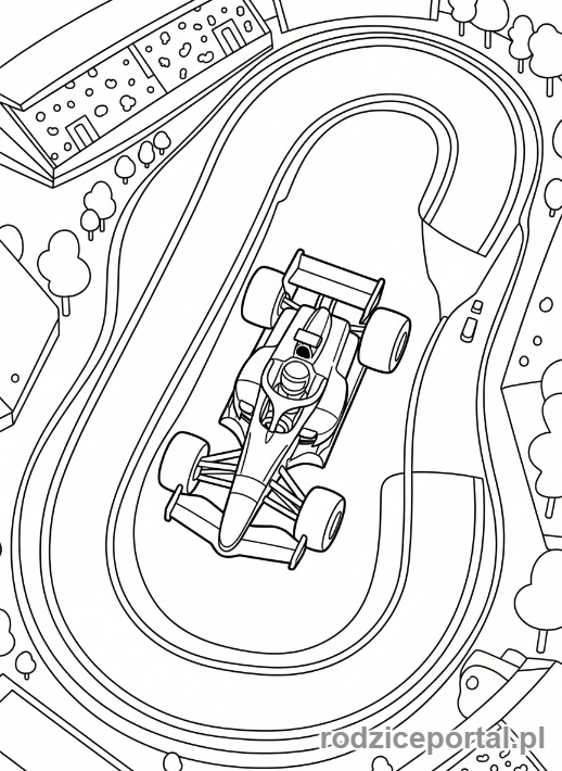 Kolorowanka Samochody Wyścigowe - Samochód wyścigowy Formuły 1 widziany z góry.