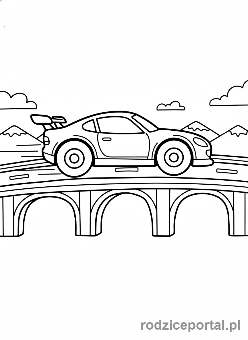 Kolorowanka Samochody Wyścigowe - Samochód wyścigowy na moście.