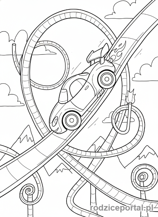 Kolorowanka Samochody Wyścigowe - Samochód wyścigowy na pętli wyścigowej.