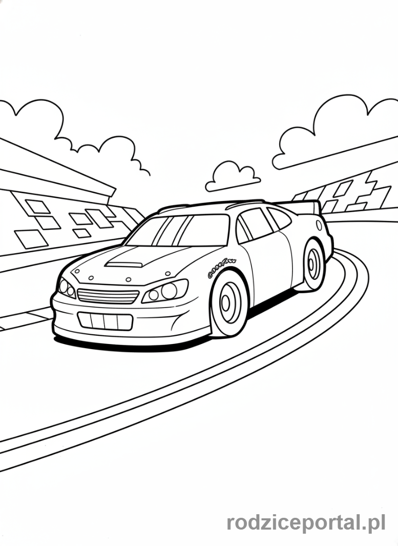Kolorowanka Samochody Wyścigowe - Samochód wyścigowy NASCAR w zakręcie.