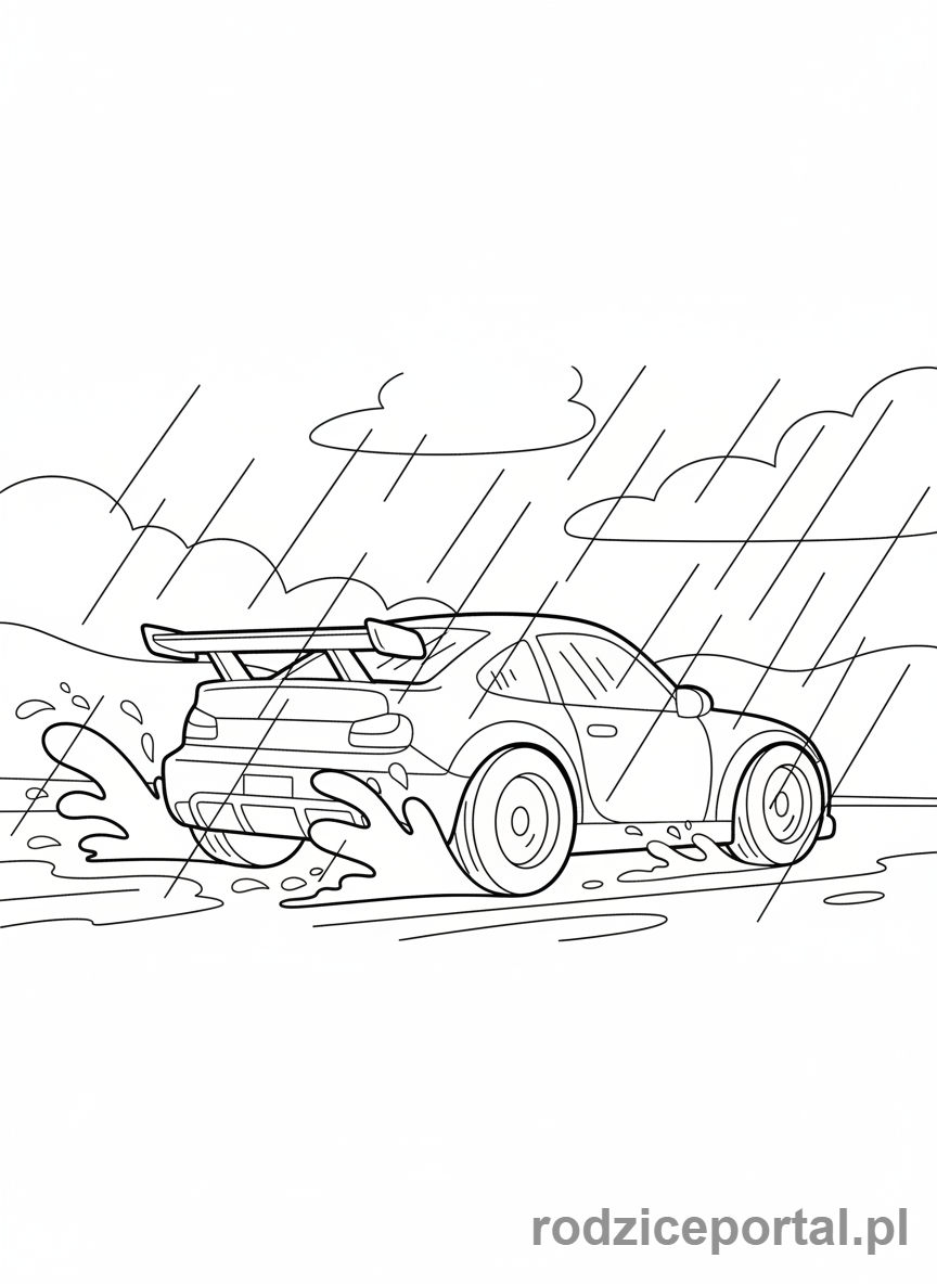 Kolorowanka Samochody Wyścigowe - Samochód wyścigowy w deszczu.