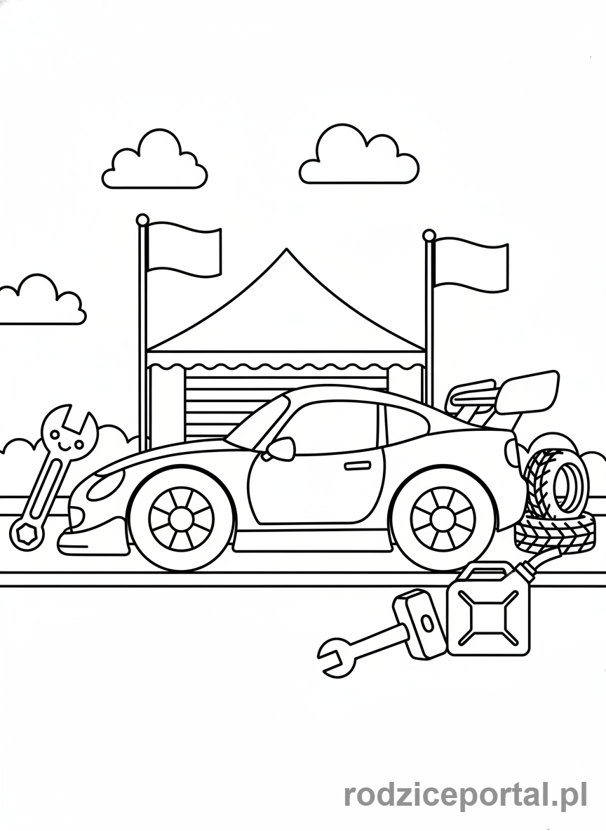 Kolorowanka Samochody Wyścigowe - Samochód wyścigowy w padoku.