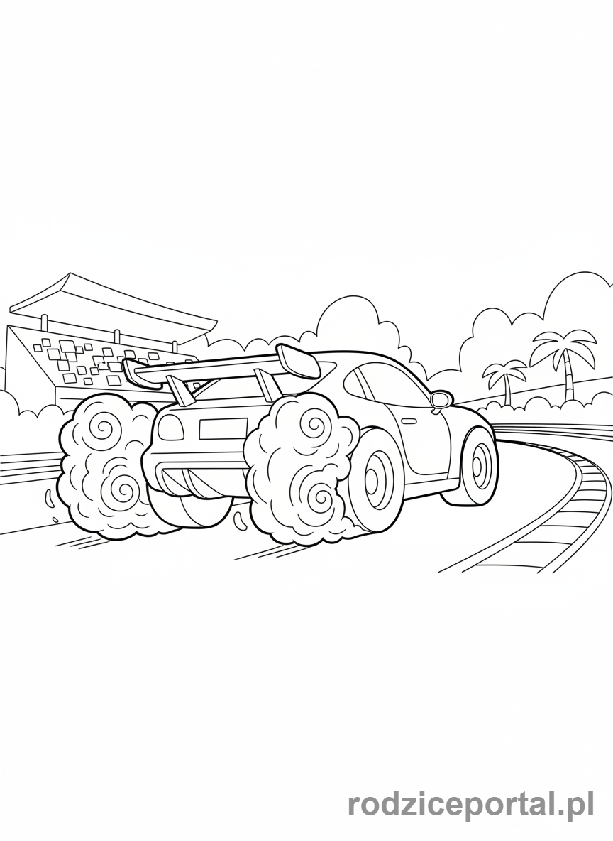 Kolorowanka Samochody Wyścigowe - Samochód wyścigowy z dymem z opon.