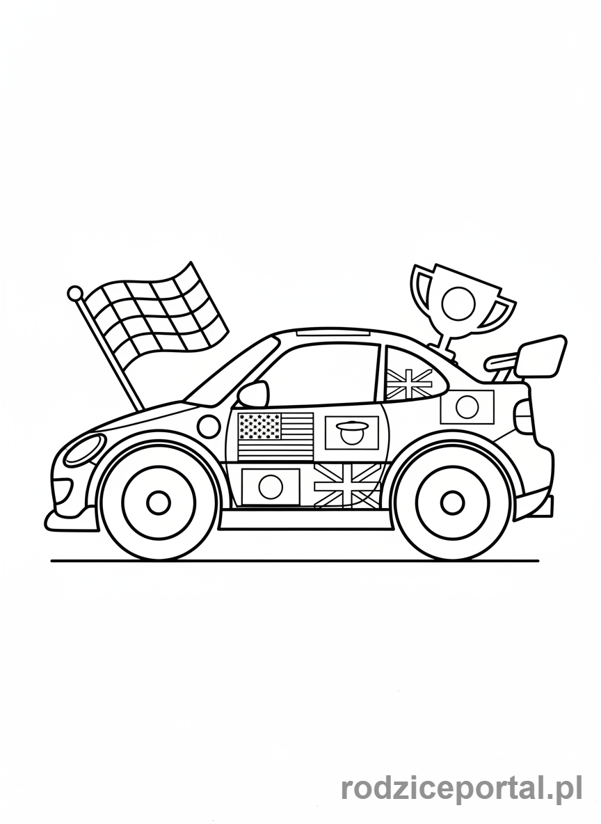 Kolorowanka Samochody Wyścigowe - Samochód wyścigowy z flagami narodowymi.