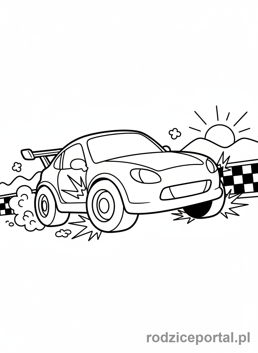 Kolorowanka Samochody Wyścigowe - Samochód wyścigowy z iskrzącymi oponami.