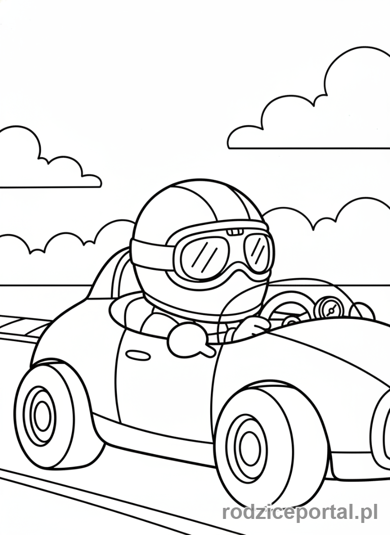 Kolorowanka Samochody Wyścigowe - Samochód wyścigowy z kaskiem kierowcy.
