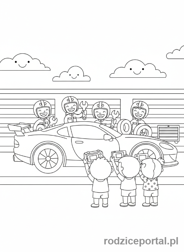 Kolorowanka Samochody Wyścigowe - Samochód wyścigowy z mechanikami i fanami.