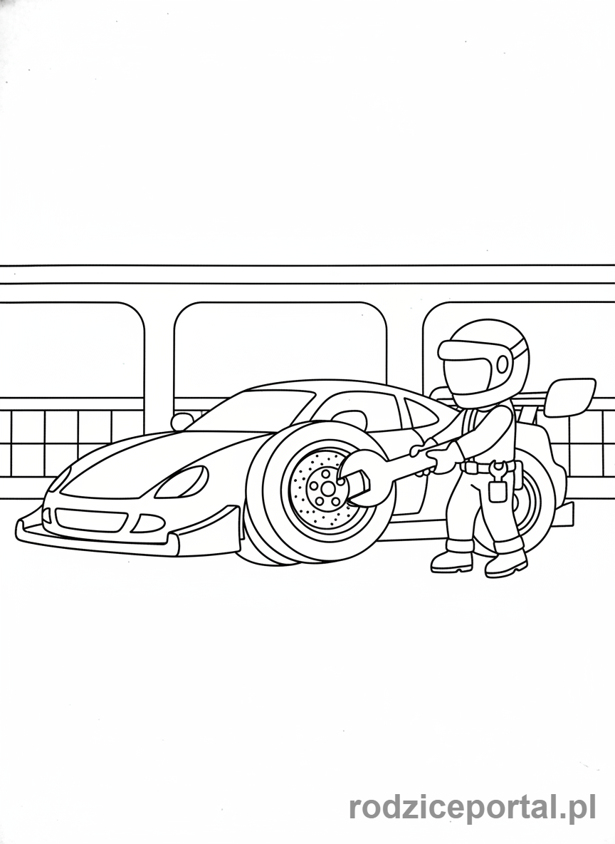 Kolorowanka Samochody Wyścigowe - Samochód wyścigowy z odkręconymi kołami.
