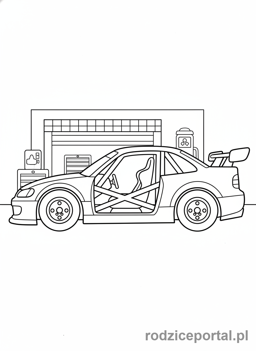 Kolorowanka Samochody Wyścigowe - Samochód wyścigowy z otwartymi drzwiami (do kolorowania wnętrza).
