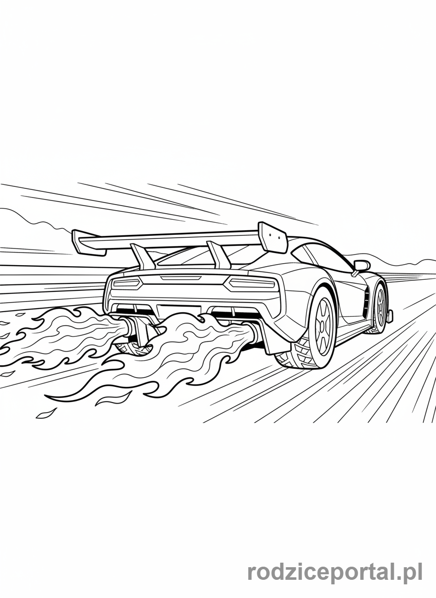Kolorowanka Samochody Wyścigowe - Samochód wyścigowy z płomieniami z rury wydechowej