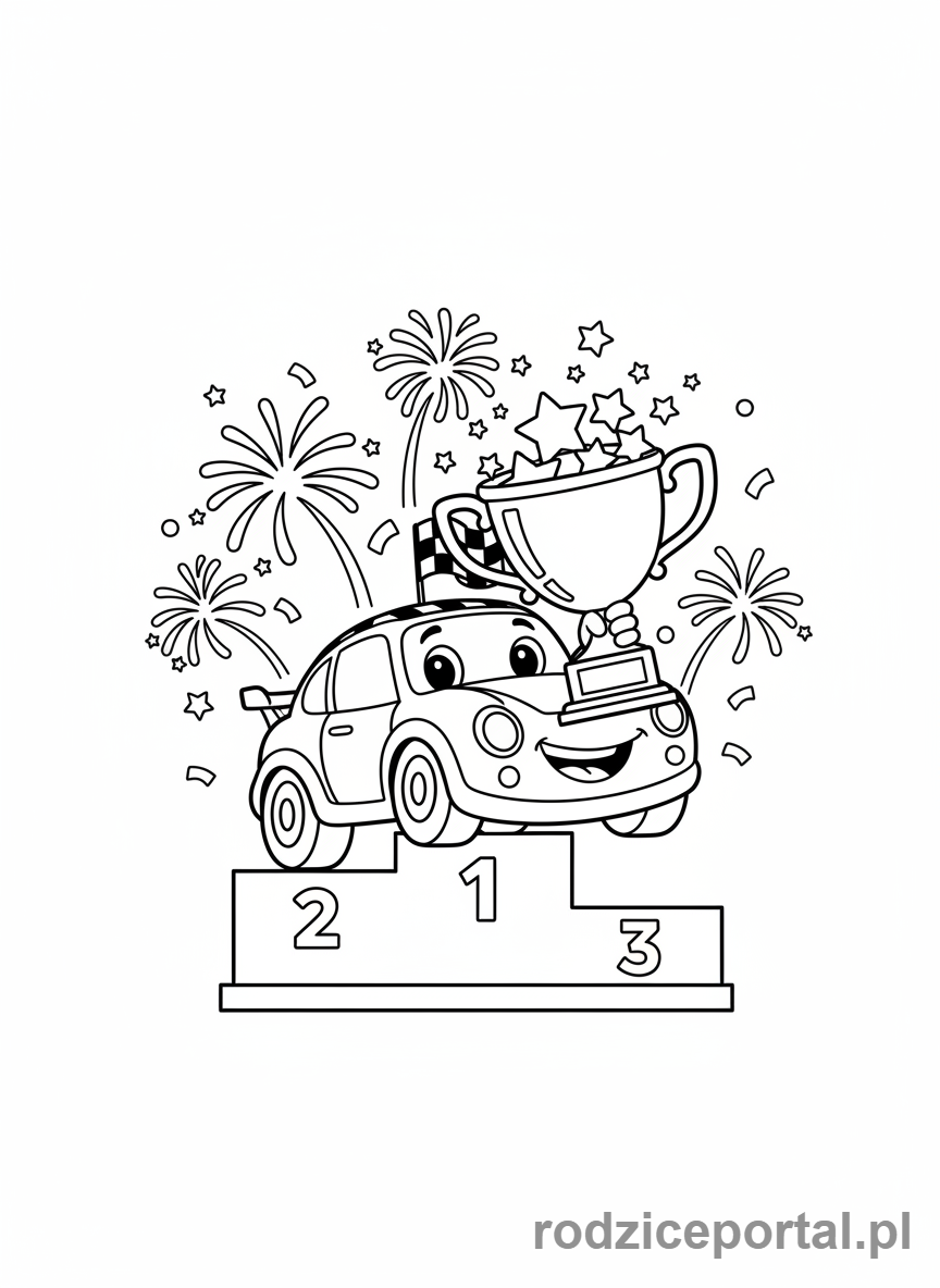 Kolorowanka Samochody Wyścigowe - Samochód wyścigowy z trofeum.