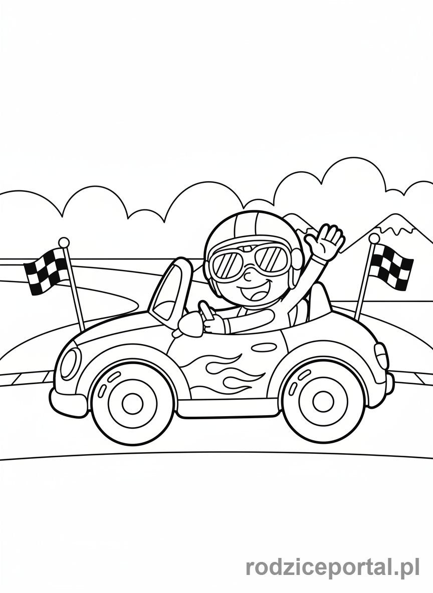 Kolorowanka Samochody Wyścigowe - Samochód wyścigowy z uśmiechniętym kierowcą.