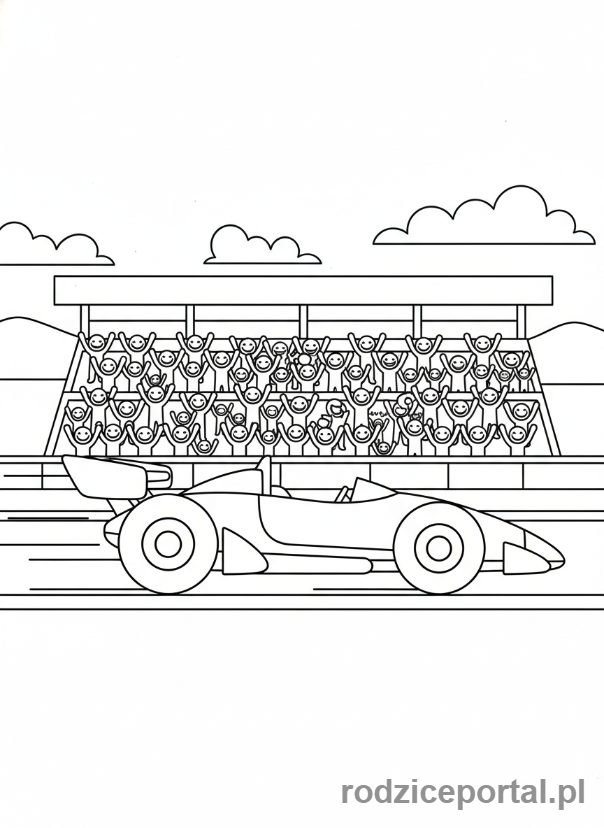 Kolorowanka Samochody Wyścigowe - Samochód wyścigowy z widownią.