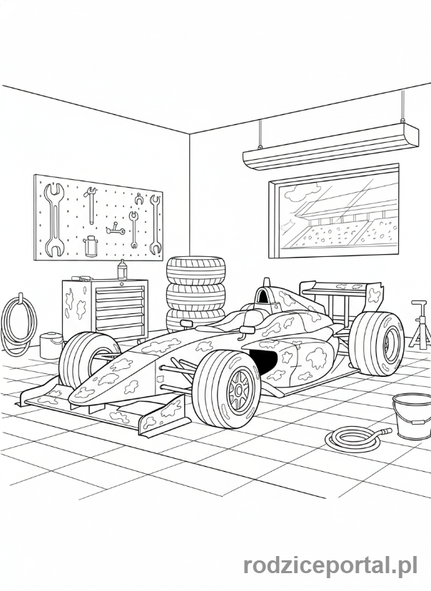 Kolorowanka Samochody Wyścigowe - Samochód wyścigowy zaparkowany w garażu po wyścigu