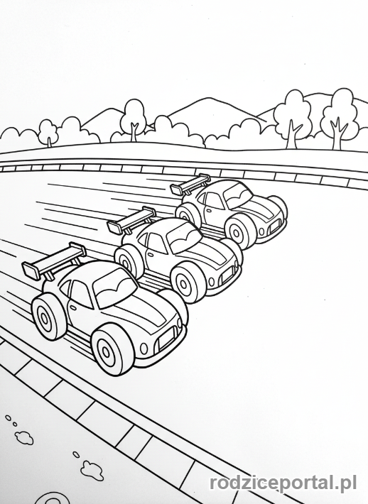 Kolorowanka Samochody Wyścigowe - Trzy samochody wyścigowe obok siebie.