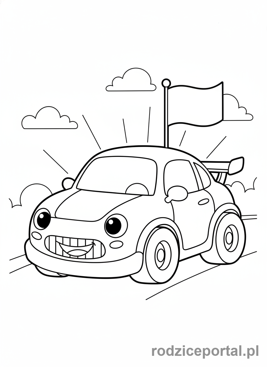 Kolorowanka Samochody Wyścigowe - Wesoły, kreskówkowy samochód wyścigowy dla dzieci