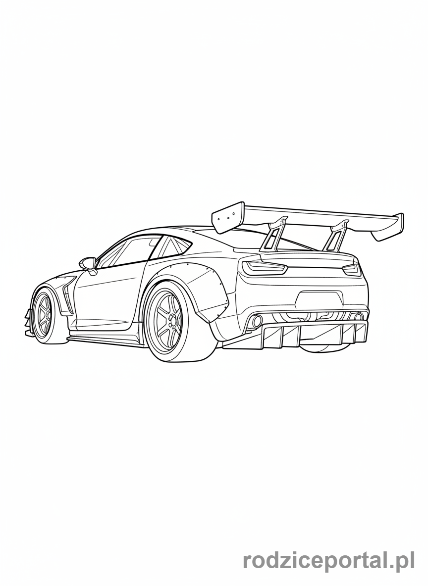 Kolorowanka Samochody Wyścigowe - Wyścigówka z dużym, aerodynamicznym spojlerem
