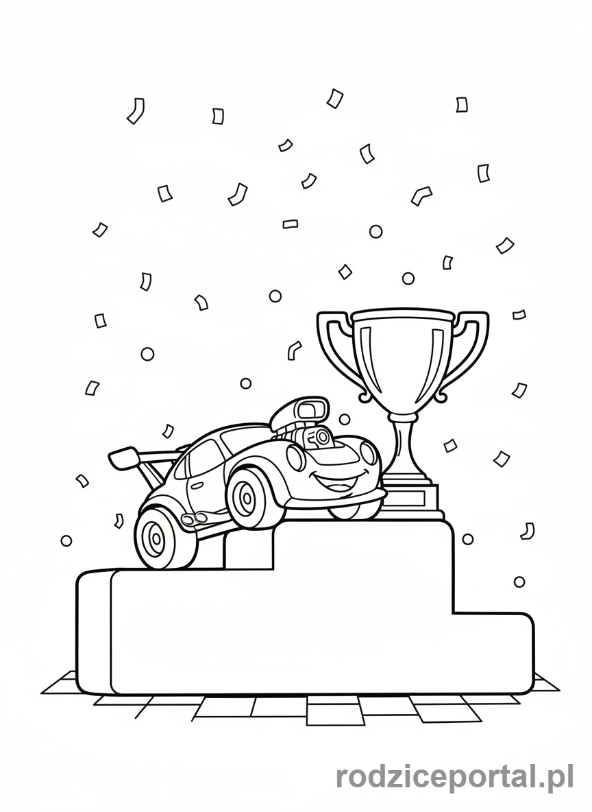 Kolorowanka Samochody Wyścigowe - Zwycięski samochód wyścigowy na podium z pucharem