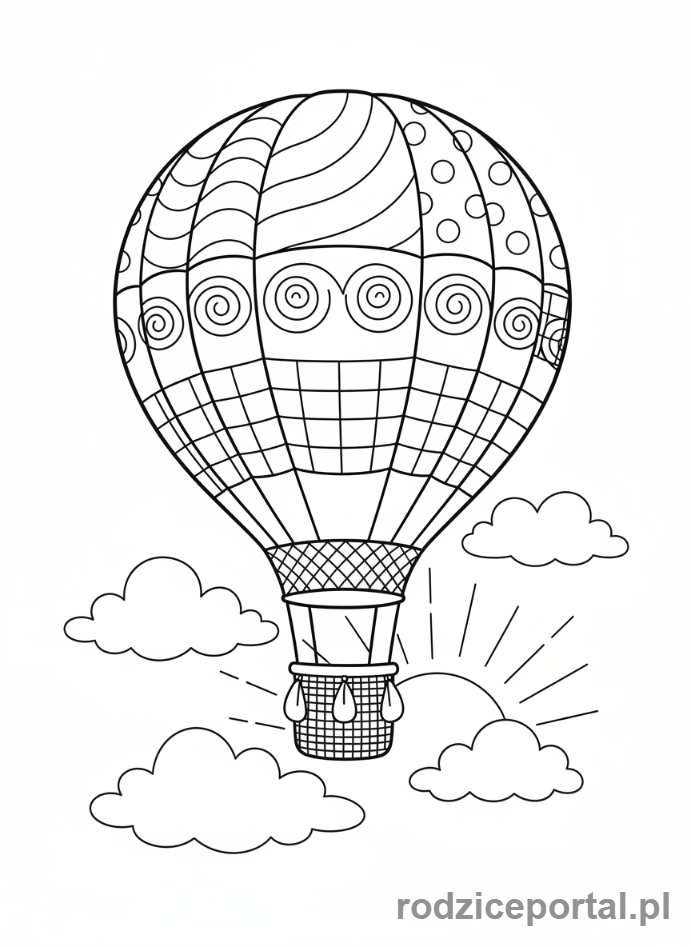 Kolorowanka Samoloty - Balon na gorące powietrze wschód słońca.