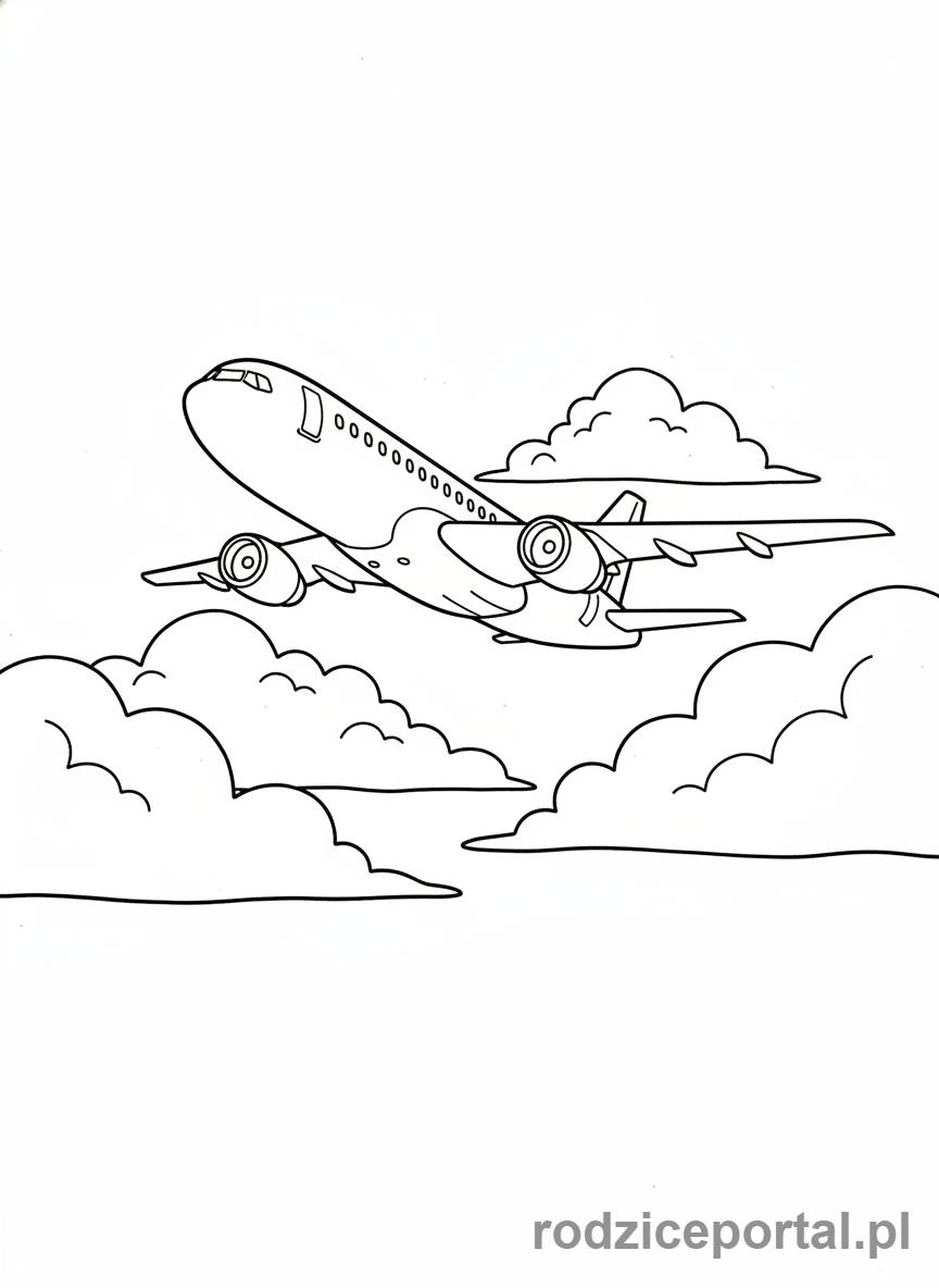 Kolorowanka Samoloty - Duży samolot pasażerski lecący na tle chmur
