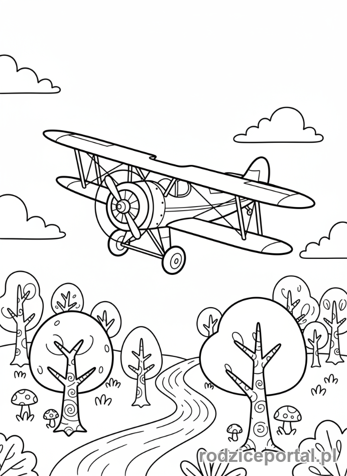 Kolorowanka Samoloty - Dwupłatowiec lecący nad lasem.