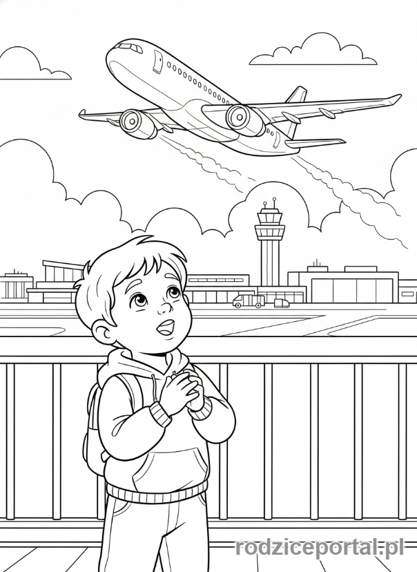 Kolorowanka Samoloty - Dziecko obserwujące samolot na lotnisku