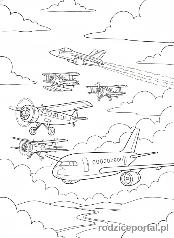 Kolorowanka Samoloty - Grupa różnych samolotów lecących razem w formacji