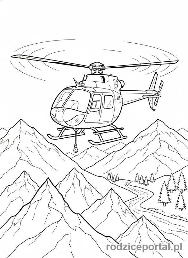 Kolorowanka Samoloty - Helikopter lecący nad górami