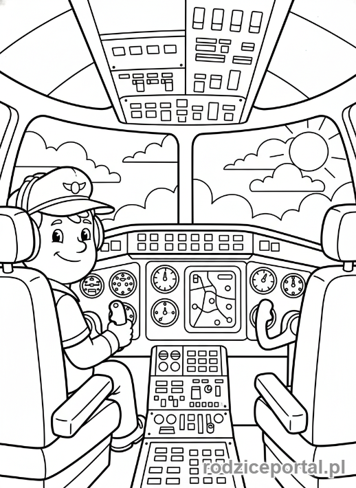 Kolorowanka Samoloty - Kokpit samolotu z pilotem.