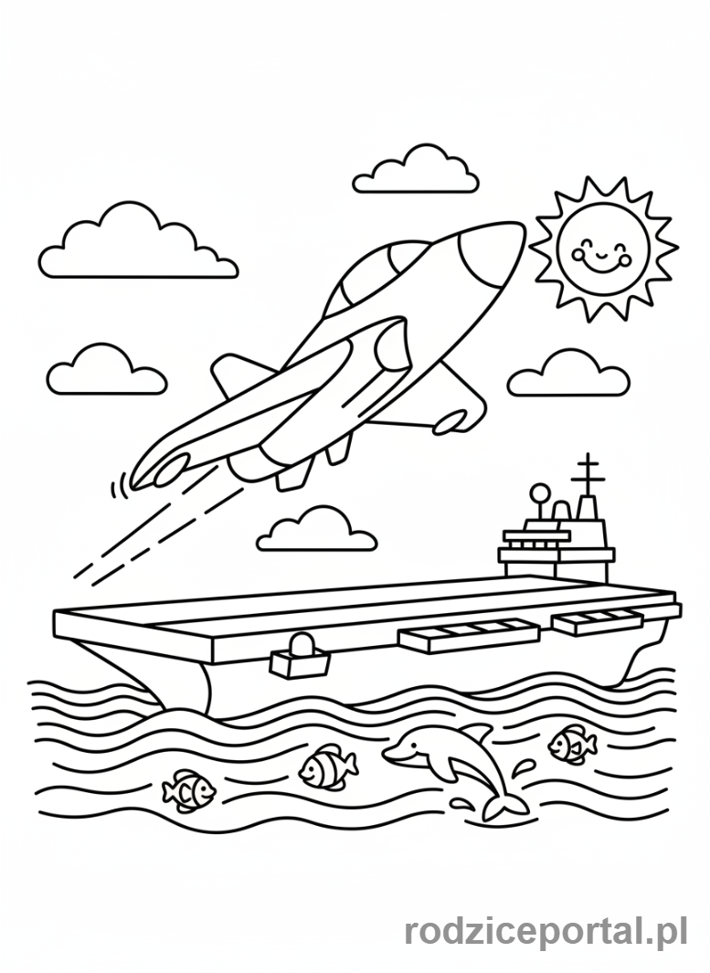 Kolorowanka Samoloty - Lotniskowiec i samolot wojskowy.