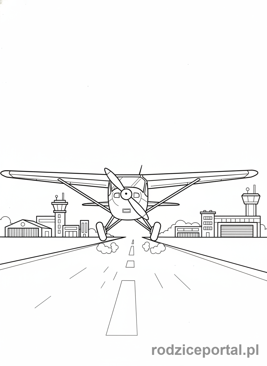 Kolorowanka Samoloty - Mały samolot z propelerem lądujący na pasie startowym