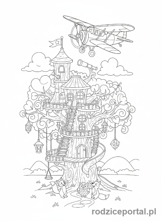 Kolorowanka Samoloty - Samolot i domek na drzewie.