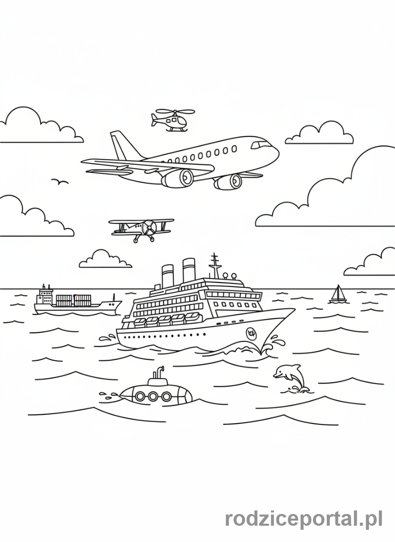 Kolorowanka Samoloty - Samolot i statek na morzu.