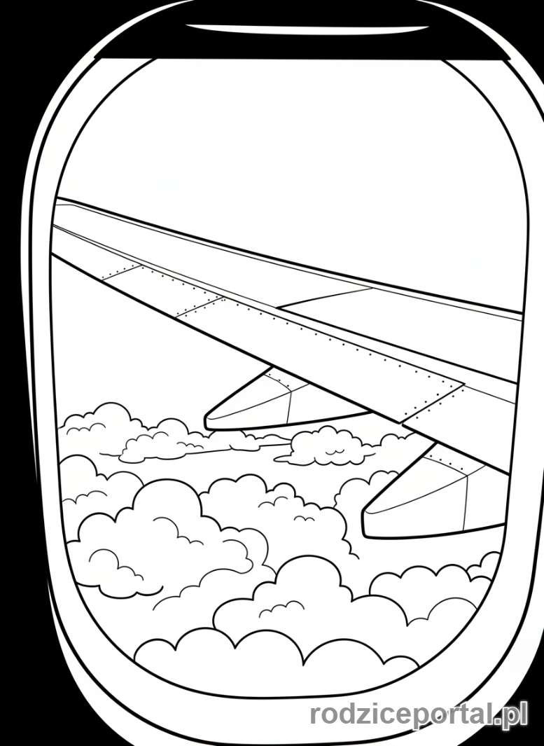 Kolorowanka Samoloty - Samolot lecący wśród puszystych chmur, widok z bliska