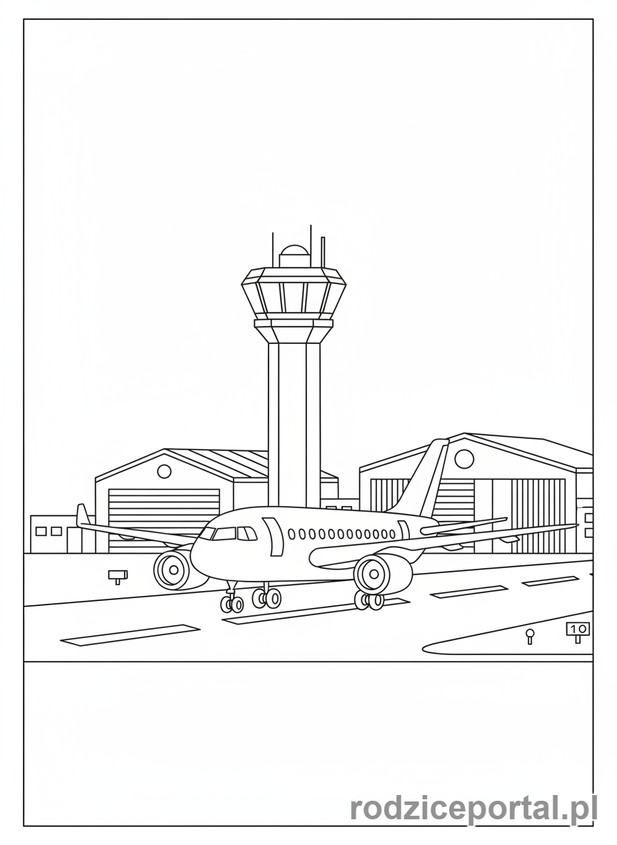 Kolorowanka Samoloty - Samolot na lotnisku z wieżą kontroli.