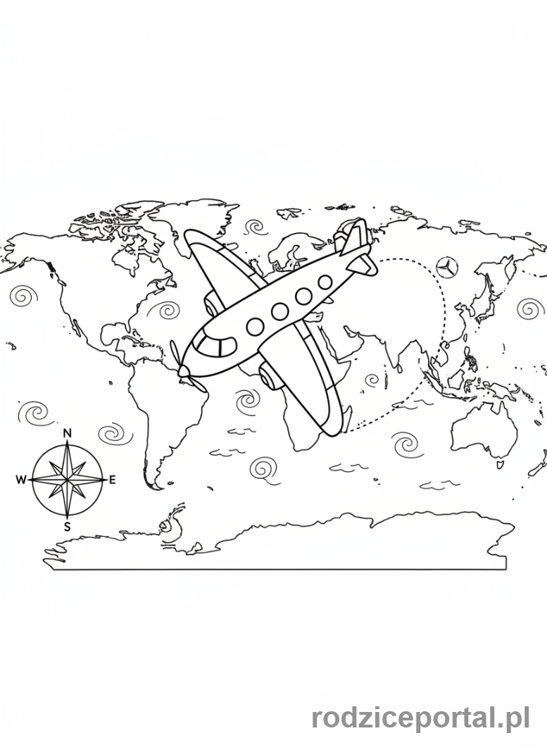 Kolorowanka Samoloty - Samolot na tle mapy świata.