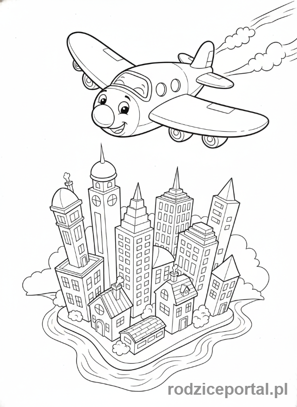 Kolorowanka Samoloty - Samolot nad miastem.