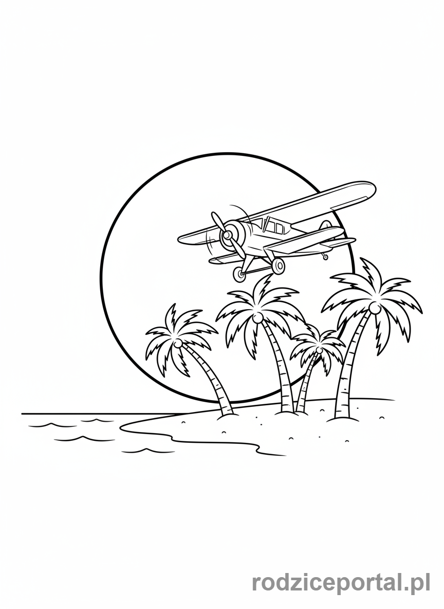 Kolorowanka Samoloty - Samolot przelatujący nad plażą o zachodzie słońca