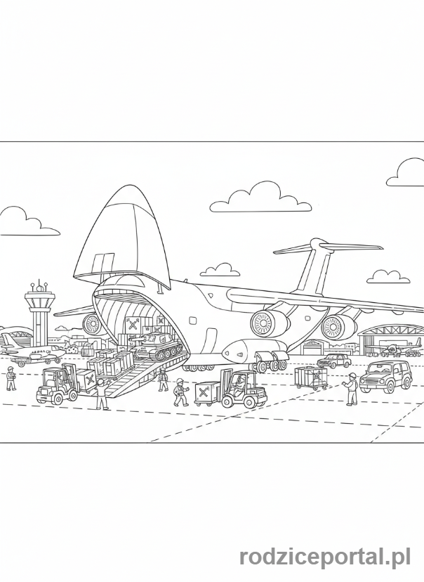 Kolorowanka Samoloty - Samolot transportowy z otwartą ładownią, podczas załadunku