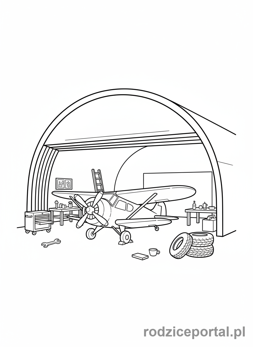 Kolorowanka Samoloty - Samolot w hangarze.