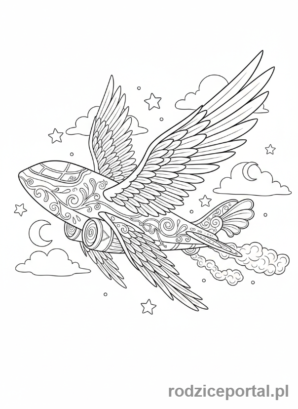 Kolorowanka Samoloty - Samolot ze skrzydłami jak ptak.