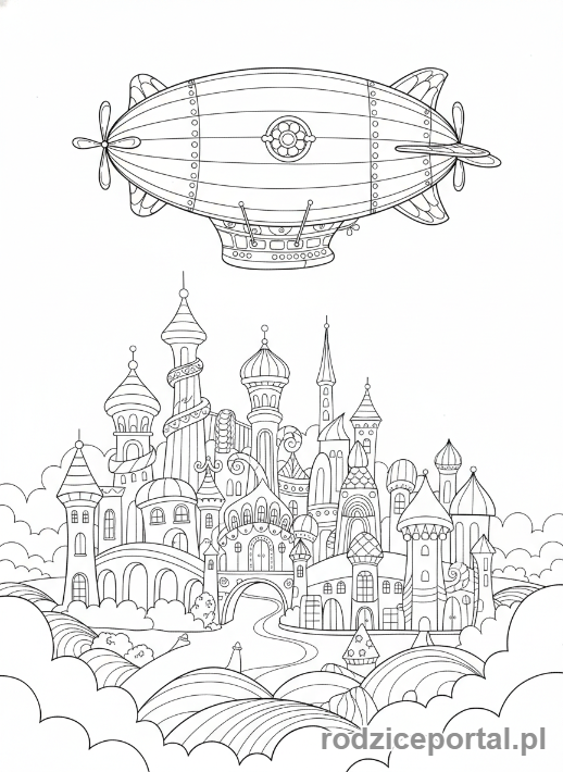 Kolorowanka Samoloty - Sterowiec unoszący się nad miastem
