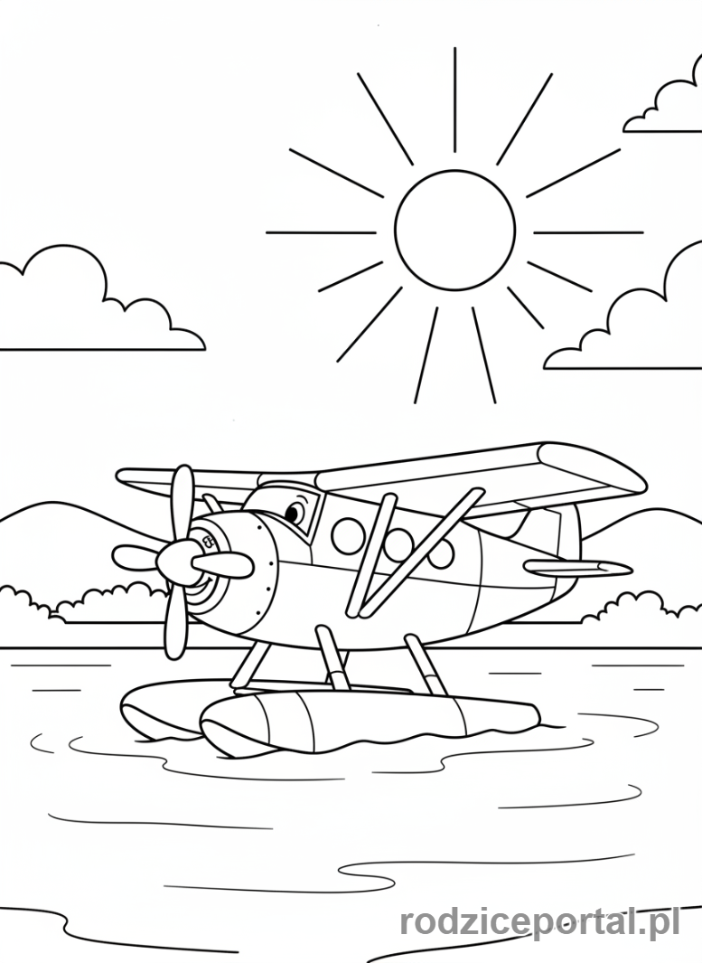 Kolorowanka Samoloty - Wodnosamolot na jeziorze.