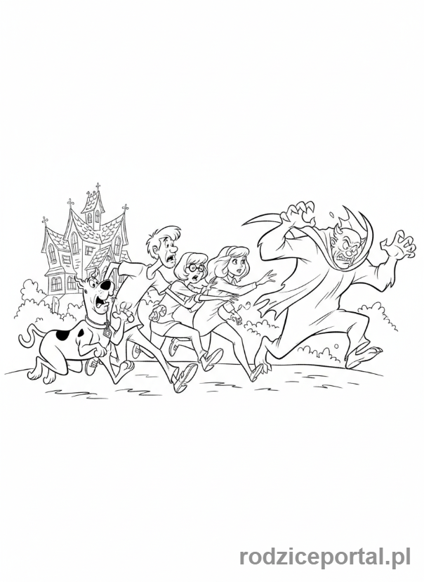 Kolorowanka Scooby Doo - Cała paczka Scooby Doo uciekająca przed potworem